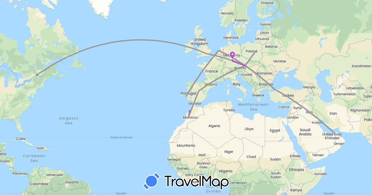 TravelMap itinerary: driving, plane, train in United Arab Emirates, Austria, Canada, Germany, Spain, United Kingdom, Morocco, Netherlands, Poland, Portugal, Turkey (Africa, Asia, Europe, North America)